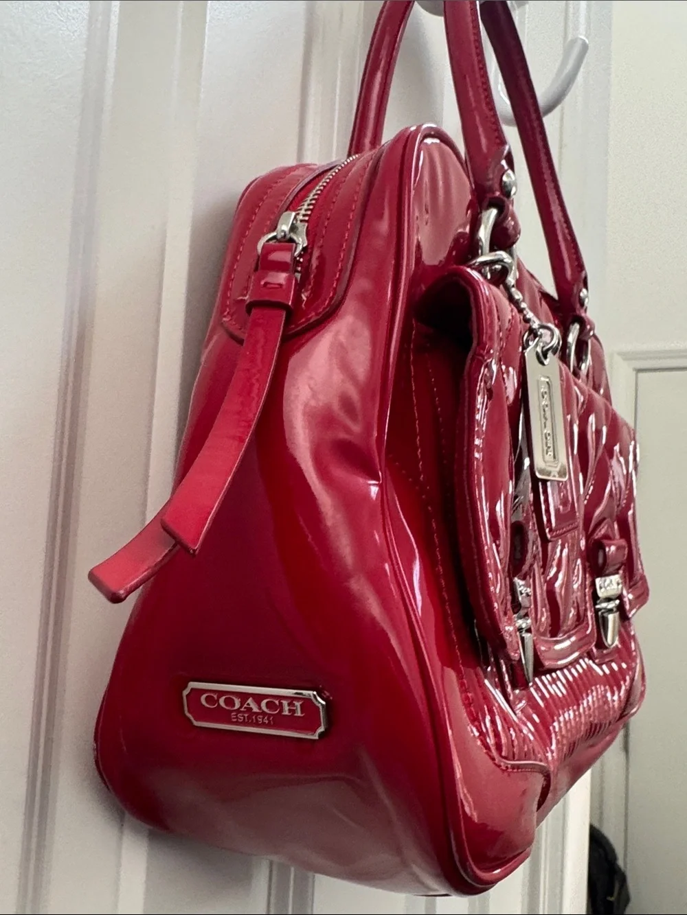 Coach Poppy Quilted Patent Red Satchel with Silver Hardware